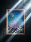 満月/秋の夜長】油絵 原画『月華の夜 〜満天の星と黄金の月〜』A4額縁