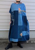 古布リメイク 藍染め＋筒描きのロールカラー AラインBigワンピース