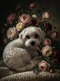 犬（マルチーズ）の花に囲まれた油絵風アート A4額装インテリア壁掛け