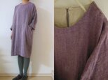 パープル　やわらかリネン　シンプルクルーネック　ゆったりOP