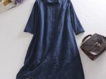 f158(再販2)ロングシーズンに活躍できる 刺繍コットン シャツワンピース 紺色の画像