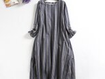 f256(再販3)ストライプ　長袖コットンワンピース　ポケット付き