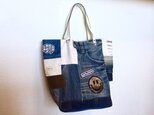 送料無料☆デニム&倉敷8号帆布トートバッグ Lサイズ ニコちゃんワッペン白革と黄