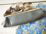 46★本革　グレイとブルー・リバティ　がま口ペンケース