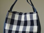 手織り布・藍染め市松模様　手提げバッグの画像