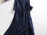 F264(再販3)リネン100％　五分袖　ロングワンピース　紺色