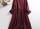 F269(再販)特性の綿麻生地　ウェストレース付き　ロングワンピース　ワイン