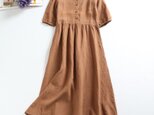 f5301　(再販)麻100％　気心地良い　夏の半袖ワンピース　ハイウェスト　フリル襟