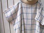 ナチュラル服プルオーバー　生成り×ブルー格子チェック　cotton Linen　大きいサイズの画像