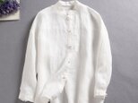 f62018（再販5）麻100％　シャツ　立て襟　長袖　夏の日避けにも　ホワイト