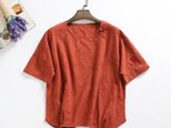 f71302 （再販）綿麻　ジャガード生地　半袖ブラウス　オレンジ