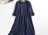 f70613 (再販)森ガールの綿麻ワンピース　レース襟　切り替えワンピース　紺色