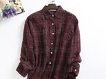 f81504(再販)主役になるのはチェック柄大人可愛いシャツ　綿麻　長袖　シャツ　ワイン