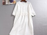 f82125(再販)一着で素敵なワンピがやっぱり好き　レース　刺繍入り　麻の切替ワンピース 　ホワイト