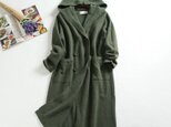 f101013（再販3）寒い日にはやはりウールのロングコート　帽子付き　グリーン