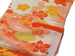 s001203　梅紋様着物ハギレ・橙☆古布・古裂/絞り/錦紗縮緬/正絹/人絹/モスリン