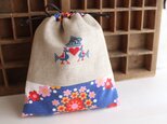 手刺繍×花柄ヴィンテージ巾着【鳥】の画像