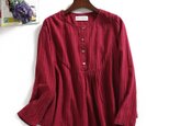 ★送料無料★　薄手綿麻生地　長袖　トップス　ブラウス　レッド