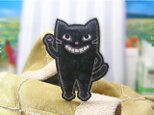 ★立って手を振る黒猫★フサフサワッペン/黒大の画像