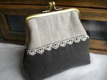アンティークレース　リネンコンビ　がま口ポーチ