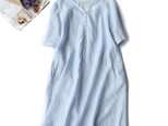 f8061004リネン100％　気心地最高　ストライプ　大人の7分袖ワンピース