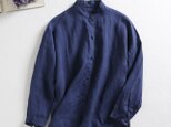 ★サンプル品セール★超お得 麻100％　シャツ　立て襟　長袖　夏の日避けにも　紺色