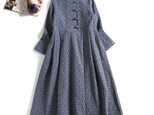 数限定　秋冬の綿麻ワンピース　手つくりボタン　ロングワンピース　ブルー1124-4