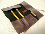 シンプルな山羊革ロールペンケース（黒&薄紫）高級タイプ2
