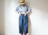 Linen button gather blouse 長袖 BLUE(stripe)の画像