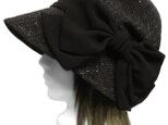 リボン飾り/つば広クロッシェハット◆格子織ツィード/黒系