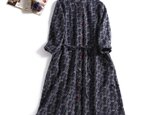コットン　シャツワンピース　花柄　紺色 304-1