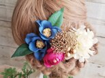 本物のお花 かすみ草と紫陽花と紺椿の髪飾り6点Set No477の画像