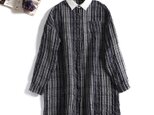 リネン100％　チェック柄　ロングシャツ　シャツワンピース　紺色+グレー403-1