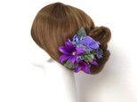 紫のクレマチスとアジサイのUピン（3本セット）　造花　紫　パープル　髪飾り　アジサイ　浴衣の画像