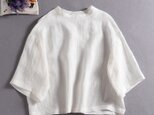 リネン100％ドロップスリーブ七分袖ブラウスゆったり　ホワイト190702-1