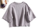 リネン100％ドロップスリーブ七分袖ブラウスゆったり　ライトグレー　190702-3