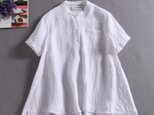 ラフで爽やかな極上リネンシャツ　トップス　リネン100％半袖 ホワイト　190710-7