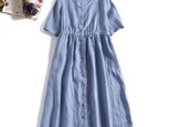 リネンの心よさを感じる　リネン100％ロングワンピース　ブルー　　190801-1