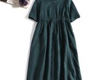 リネンの心よさを感じる　リネン100％ロングワンピース　グリーン　　190801-3