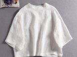 ★サンプルセール40％off★リネン100％ドロップスリーブ七分袖ブラウスゆったり　ホワイト190702-1