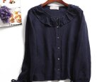 ★サンプルセール40％off★f8031520 お洒落かわいい　綿麻　長袖シャツ　貝ボタン　紺色