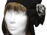 薔薇＆リボン飾り/耳あて付ネコ耳帽子◆コットンニット/黒の画像
