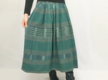 再3☆手織り綿絣ロングスカート、萌葱色グリーン、オールシーズンの画像