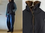 【受注制作】濃紺天日干し40リネン×茶ボア　あったか衿ベスト(リバーシブル)