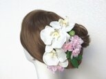 桜と胡蝶蘭のヘッドドレス（5点セット）　造花　アーティフィシャルフラワー　白　純白　白無垢　和装婚　髪飾り　桜　コチョウラン　の画像