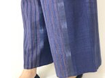 柔らか手織綿のロングワイドパンツ、絣模様、朝焼けブルー