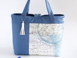 パリ輸入生地！ブルー古地図柄のトートバッグ（白本革使用）