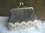 アンティークレース　グレー綿ビロード　がま口