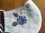 【再販】手刺繍☆きれいな横顔☆リネンの立体マスク（紫陽花、紫）の画像