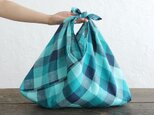 alinのあづま袋 M 50cm かごバッグに リネンあずま袋 マチ付き  （ブロックチェック/ターコイズ）